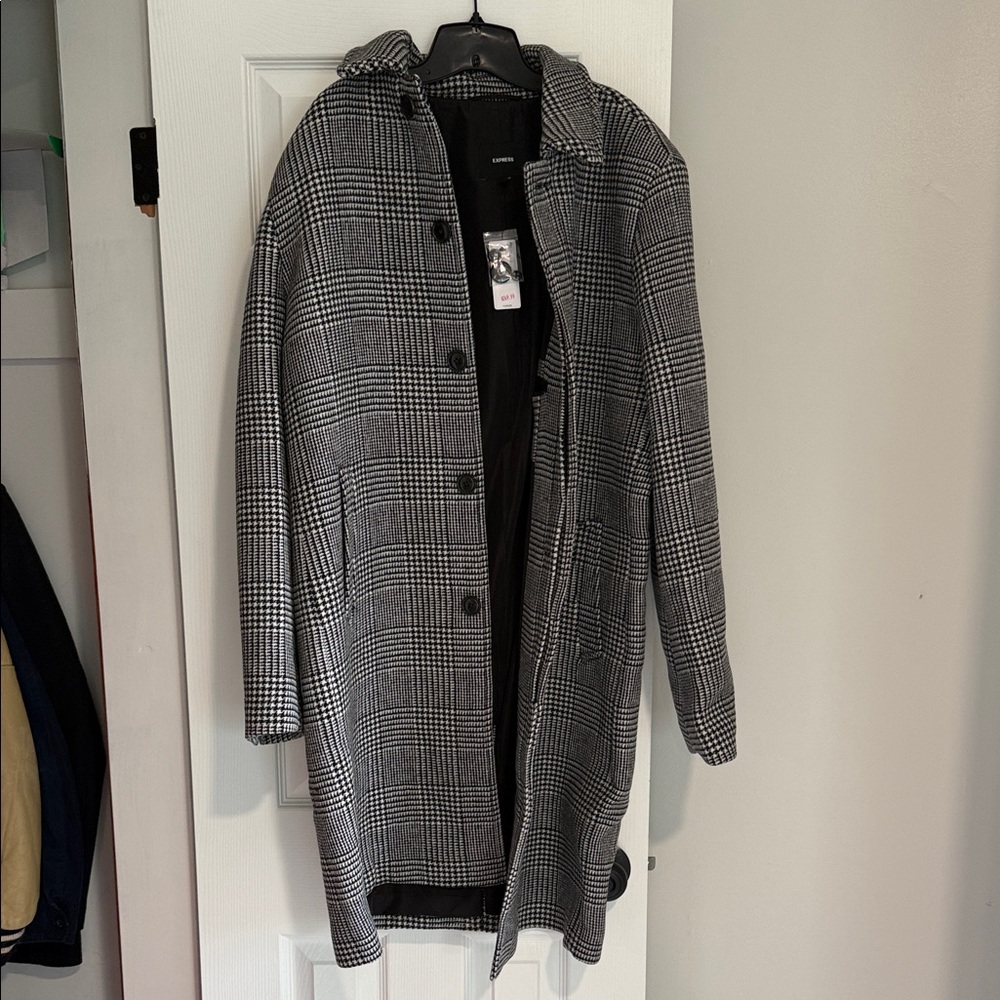 Express Men's Black and White Checkered Trench Coat